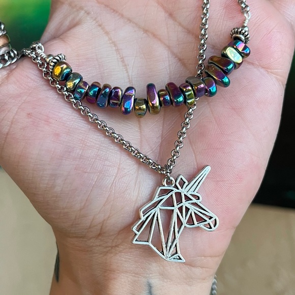 Double layer unicorn rainbow stones stainless steel adjustable choker necklace - Picture 6 of 12